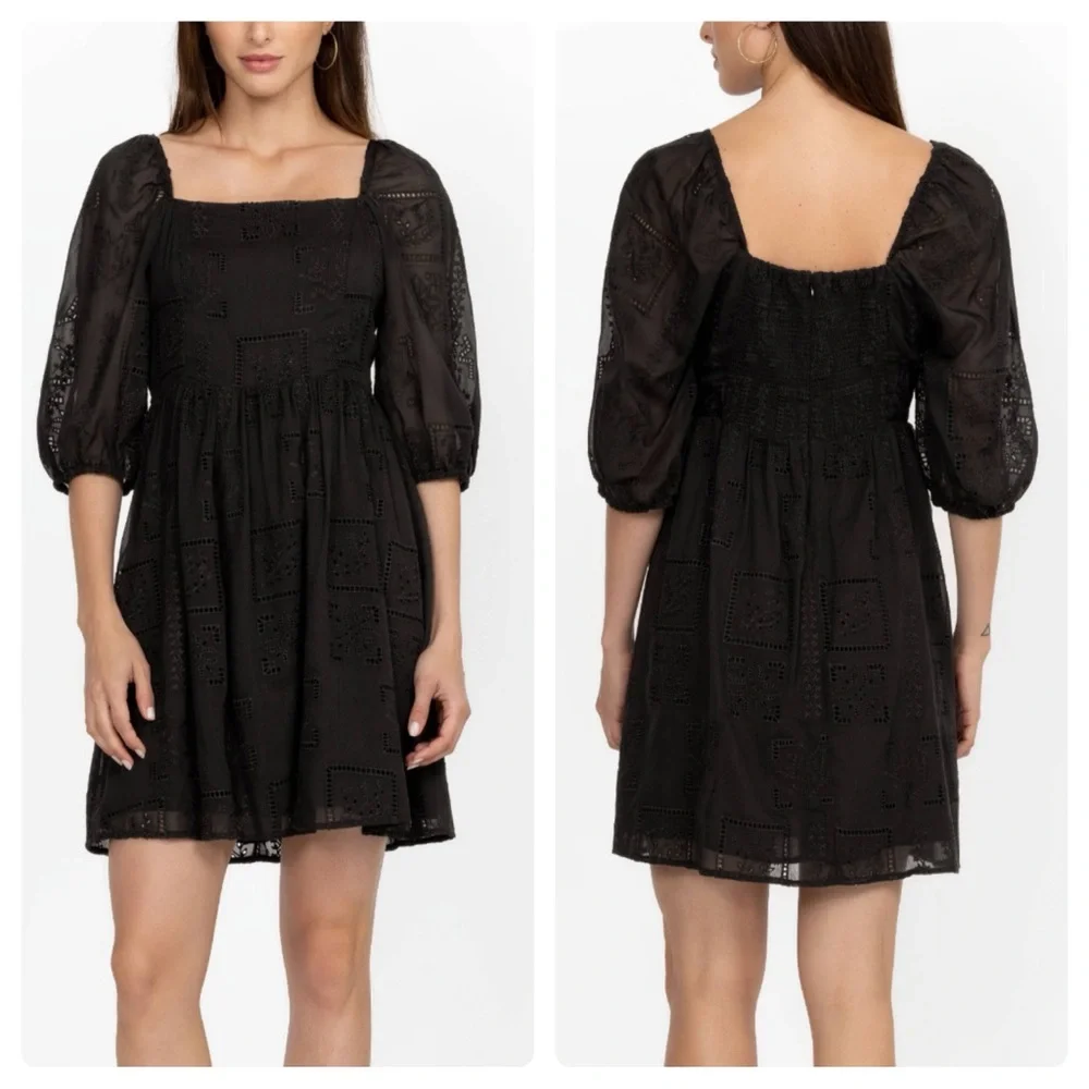 Johnny Was Ella Mini‎ Dress Black Guipure Lace Puff Sleeve